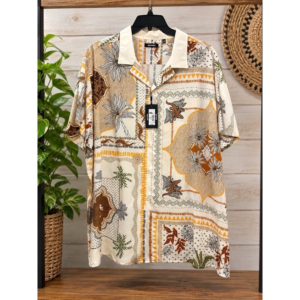 Murano Mens Big Tall 4XB Shirt NWT Short Sleeve Tropical Palm Print Button Down